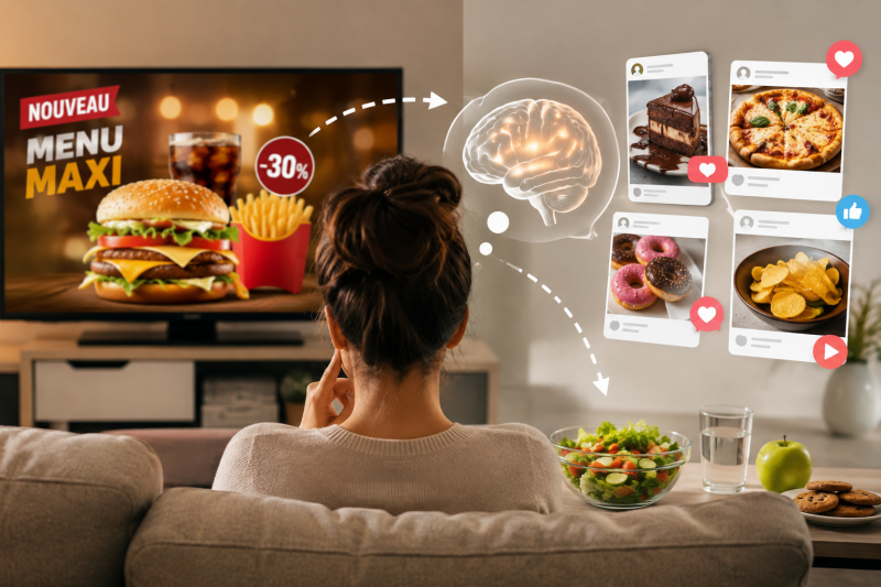 Influence des publicités alimentaires sur les envies de grignotage et les choix alimentaires devant la télévision et les réseaux sociaux.