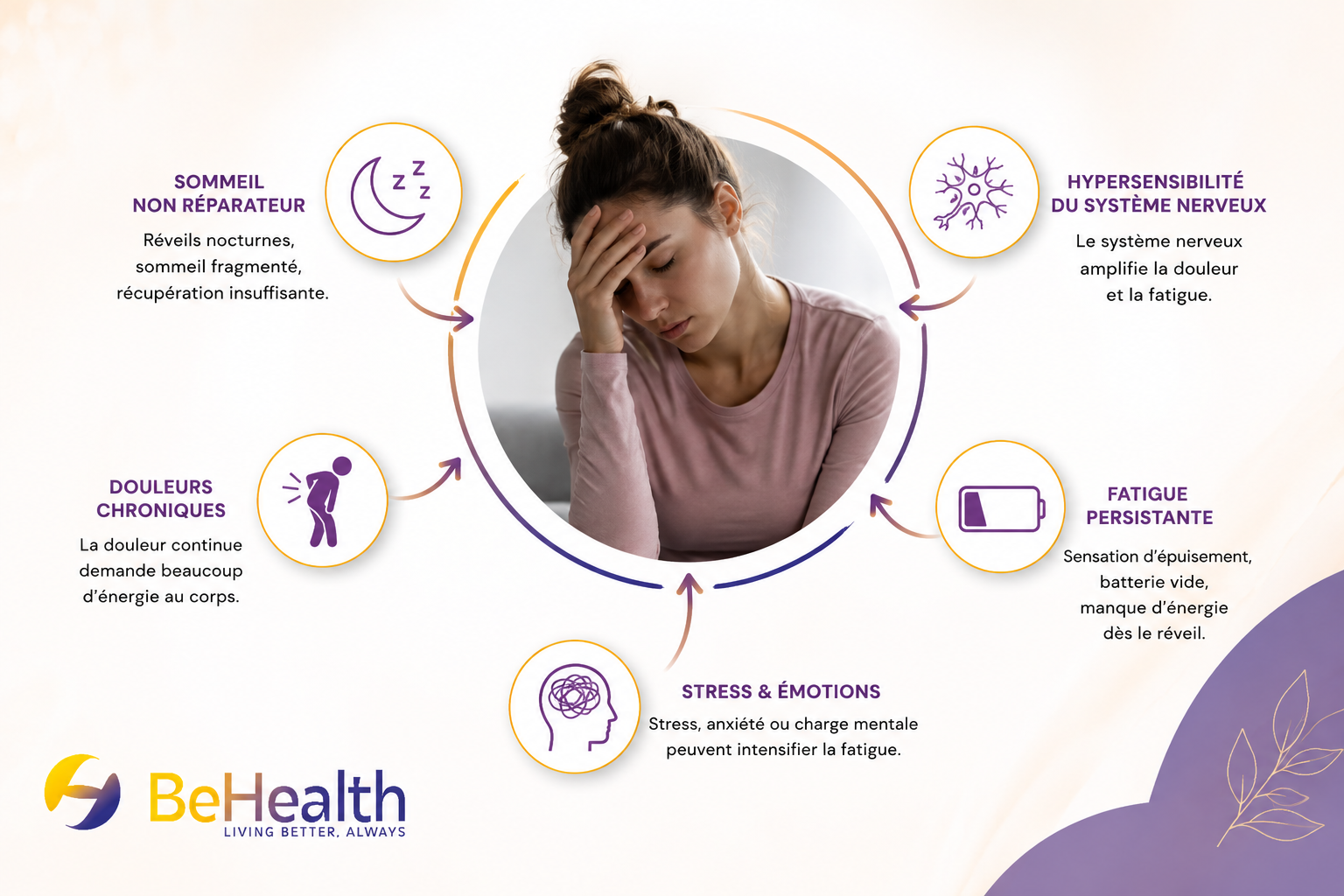 Fibromyalgie et fatigue chronique : causes de l’épuisement avec sommeil non réparateur, douleurs chroniques, hypersensibilité du système nerveux, stress et fatigue persistante.