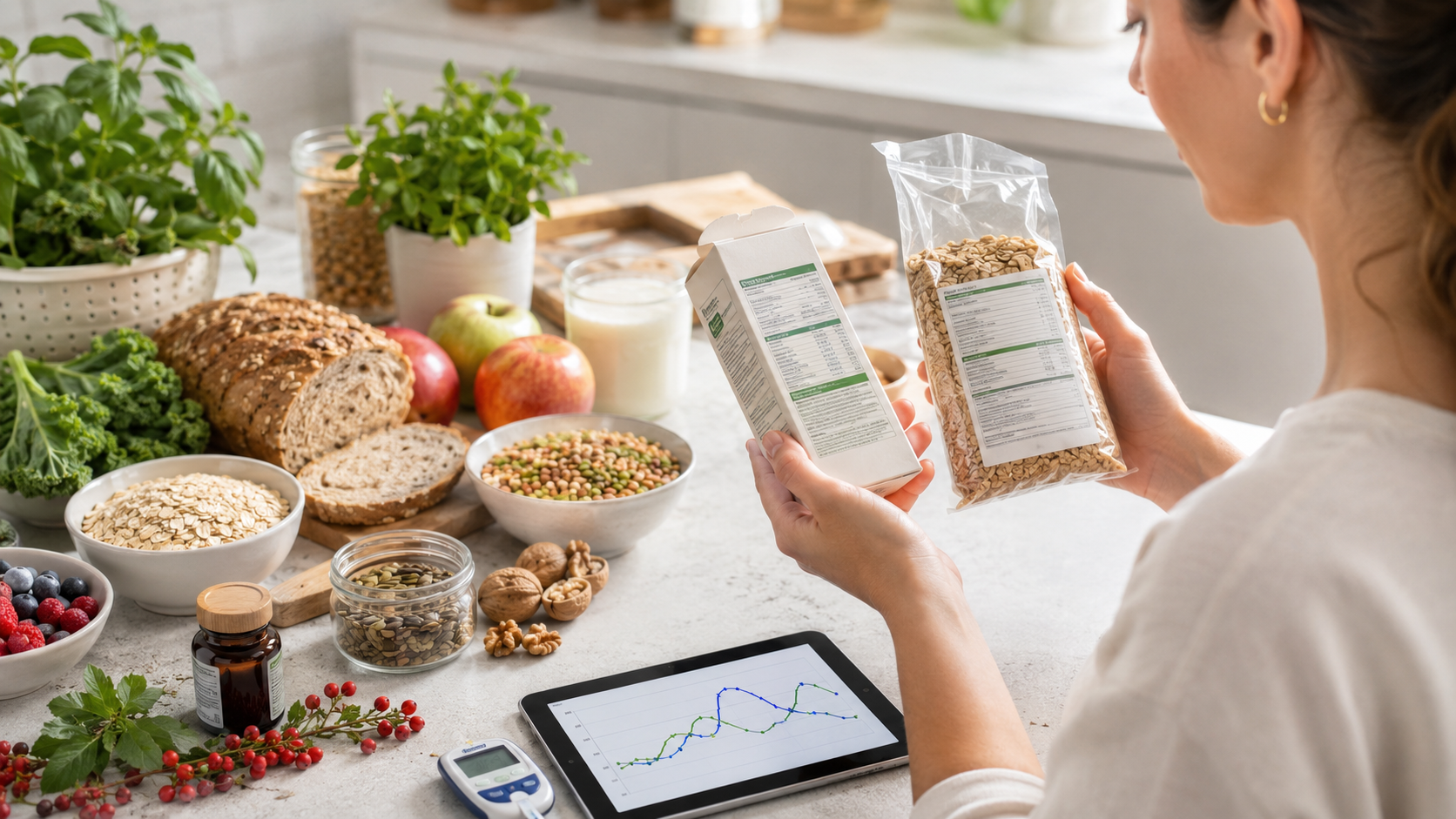 Femme comparant des étiquettes alimentaires pour choisir des aliments à faible impact glycémique, riches en fibres et adaptés à l’équilibre de la glycémie.