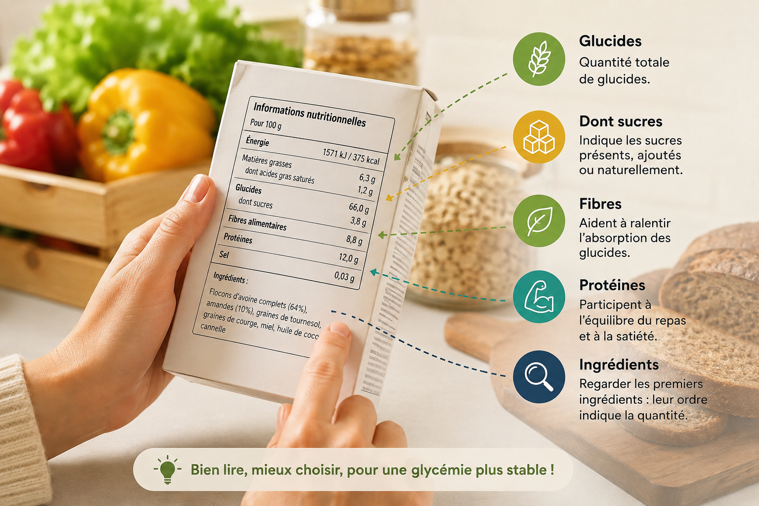 Lecture d’une étiquette alimentaire montrant glucides, sucres, fibres, protéines et ingrédients pour mieux contrôler la glycémie et limiter les pics glycémiques.
