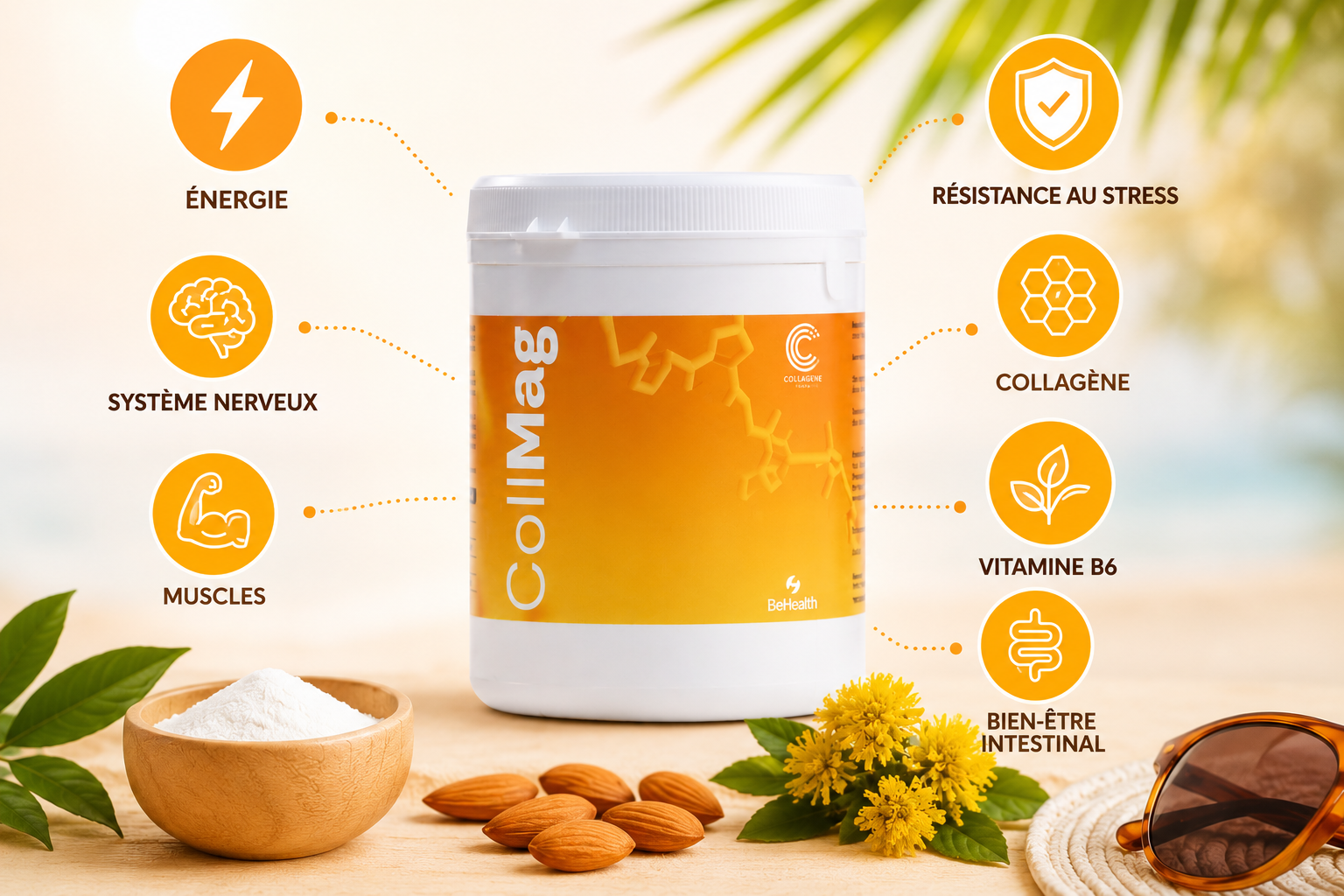 CollMag de BeHealth : formule à base de magnésium bisglycinate, malate, taurinate et pidolate associée au collagène, à la vitamine B6 et à la rhodiola pour soutenir la vitalité et réduire la fatigue.