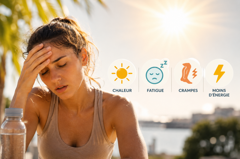 Illustration de la fatigue en été : chaleur, baisse de motivation, crampes musculaires et diminution de l'énergie pouvant être liées à une insuffisance en magnésium.