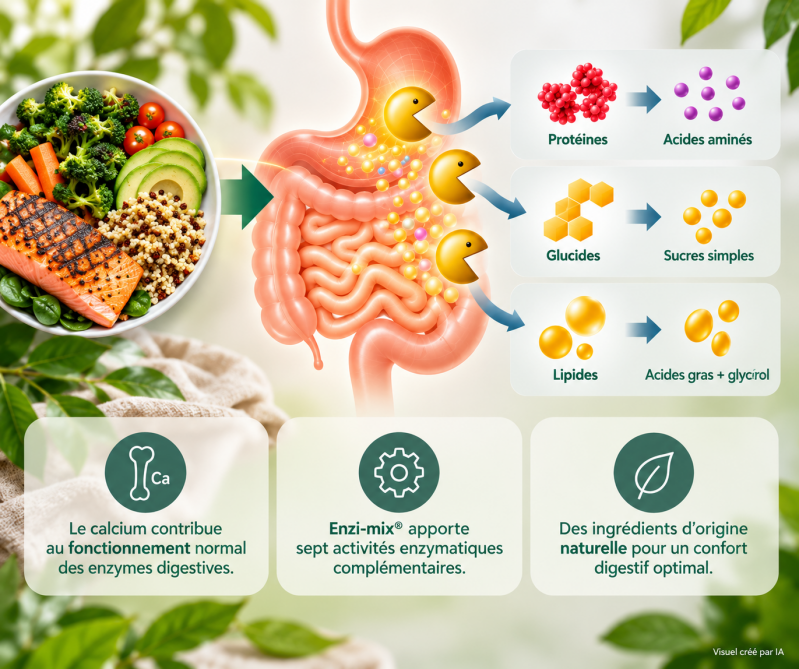 Enzymes digestives : décomposition des protéines, glucides et lipides.