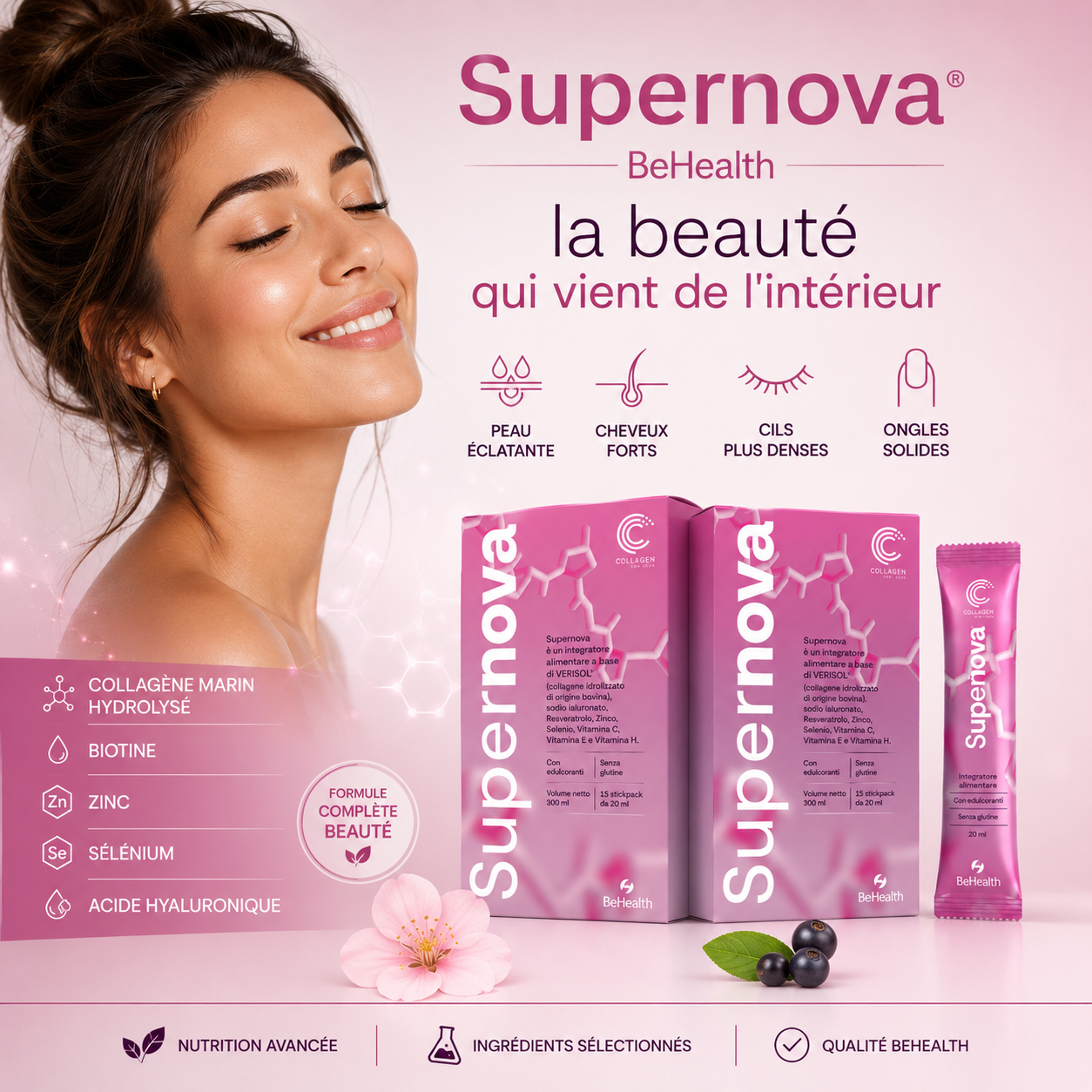 Supernova® BeHealth, complément beauté à base de collagène marin, biotine et acide hyaluronique pour la peau, les cheveux, les cils et les ongles.