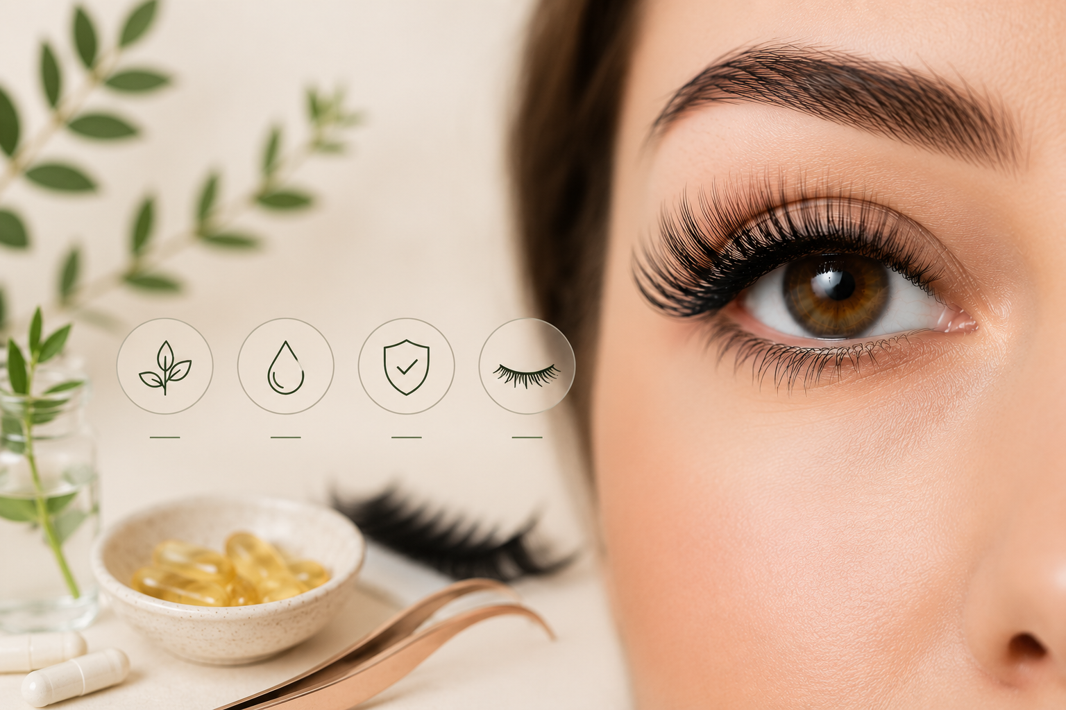 Extensions de cils et santé des cils naturels : illustration d’un regard avec extensions, entouré d’éléments nutritionnels favorisant la beauté et la croissance des cils de l’intérieur.