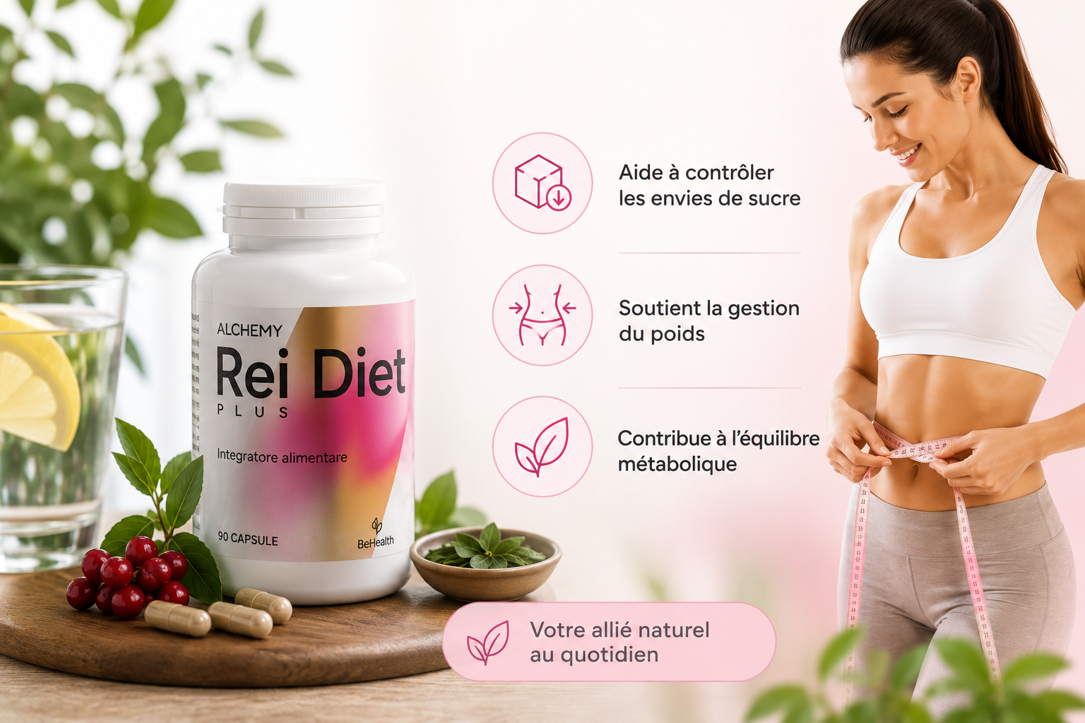 Rei Diet, complément alimentaire pour accompagner la gestion du poids, réduire les envies de sucre et soutenir l'équilibre métabolique.