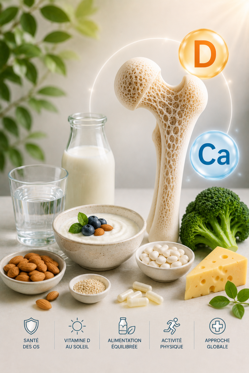 Vitamine D et calcium pour les os : illustration des principales sources alimentaires et des facteurs favorisant une bonne santé osseuse et articulaire.