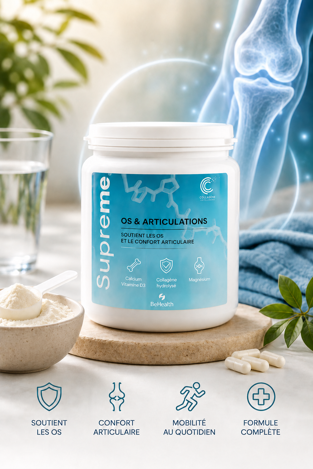 Suprême Os & Articulations pour soutenir les os, les articulations et la mobilité grâce à une formule complète en collagène, calcium et vitamine D3.
