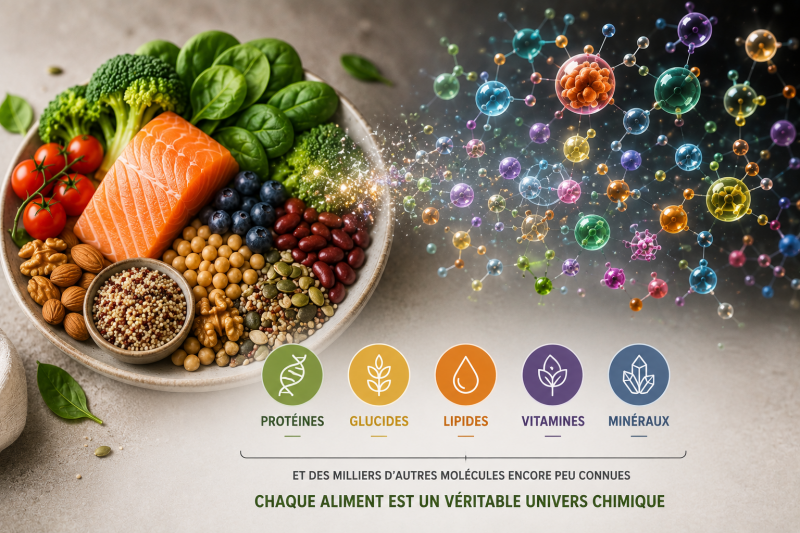 Composition des aliments : protéines, vitamines, minéraux et milliers de molécules bioactives.