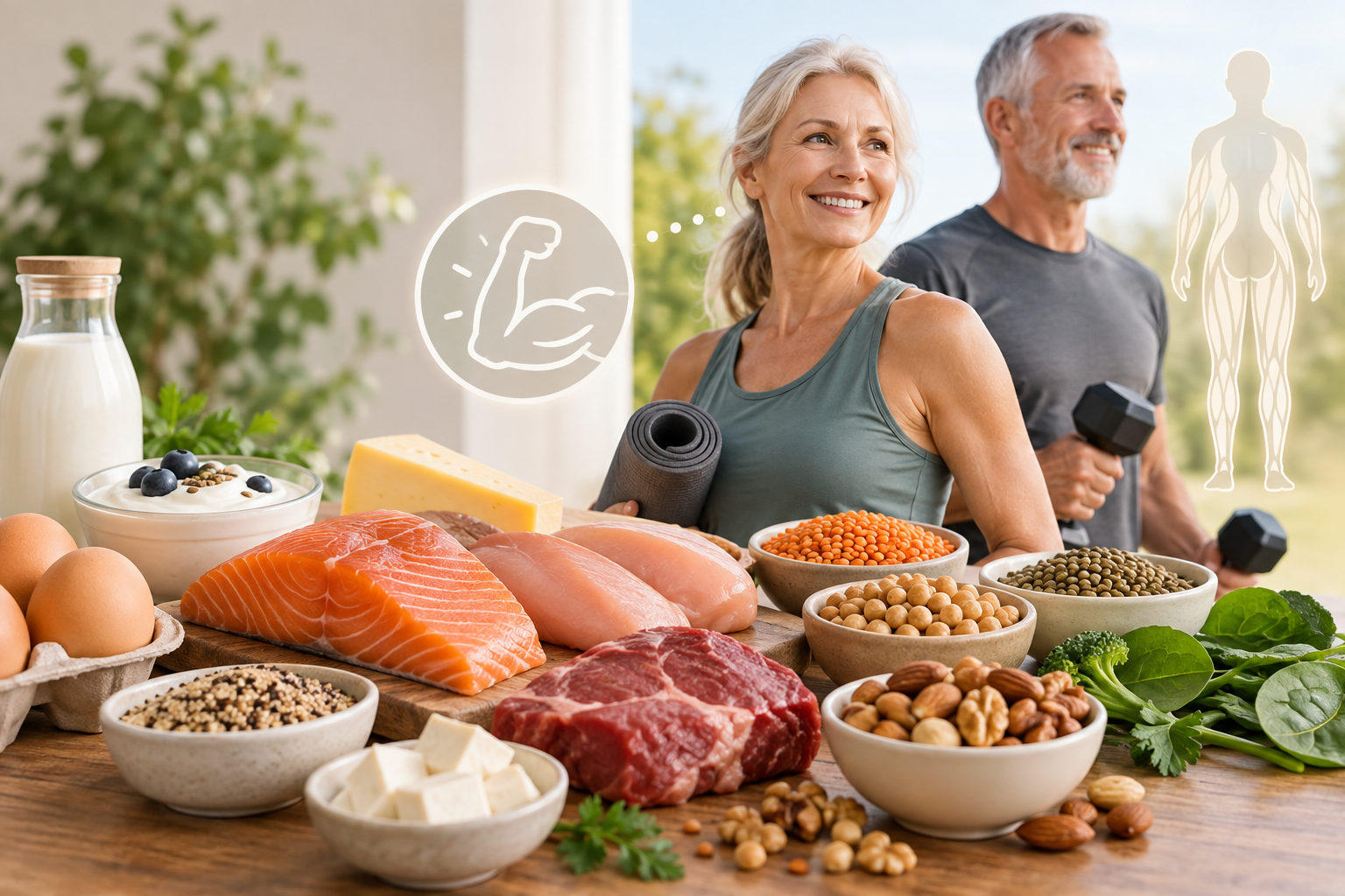 Aliments riches en protéines et couple senior actif pratiquant le renforcement musculaire pour préserver la masse musculaire avec l’âge.