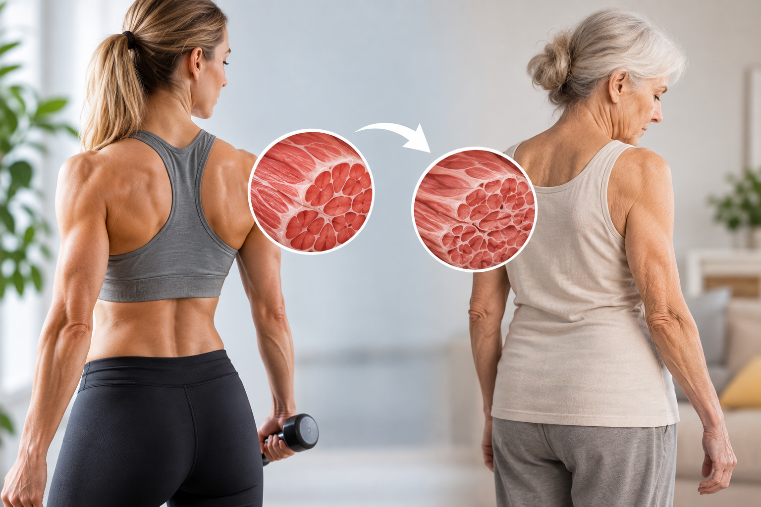 Comparaison de la masse musculaire chez une femme jeune et une femme âgée, illustrant la perte progressive de muscle liée à l’âge et la sarcopénie.