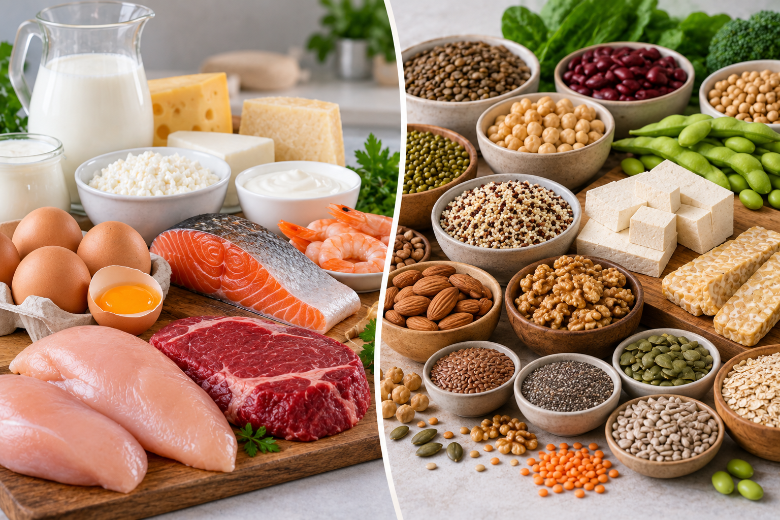Sources de protéines animales et végétales : œufs, poisson, viande, produits laitiers, légumineuses, tofu, céréales, graines et fruits à coque.
