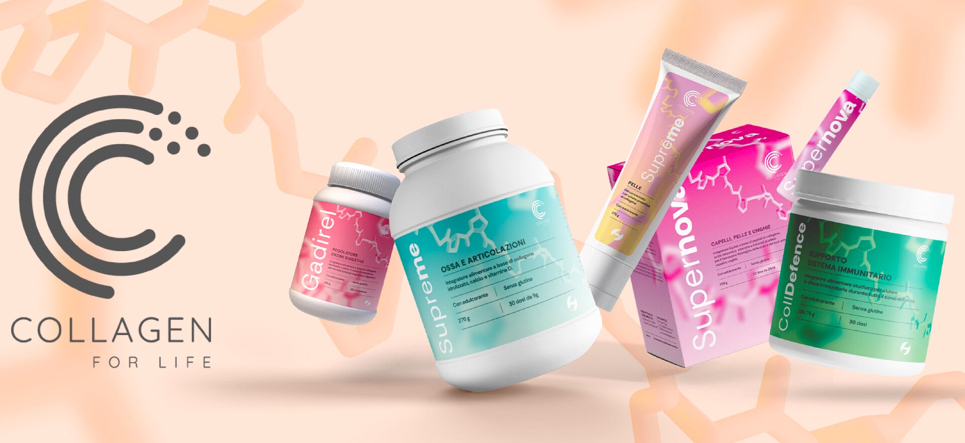 Bannière E-SHOP Collagen For Life avec produits BeHealthGlobal dédiés au collagène, aux articulations, aux muscles, à la peau, à l’immunité et au bien-être quotidien.