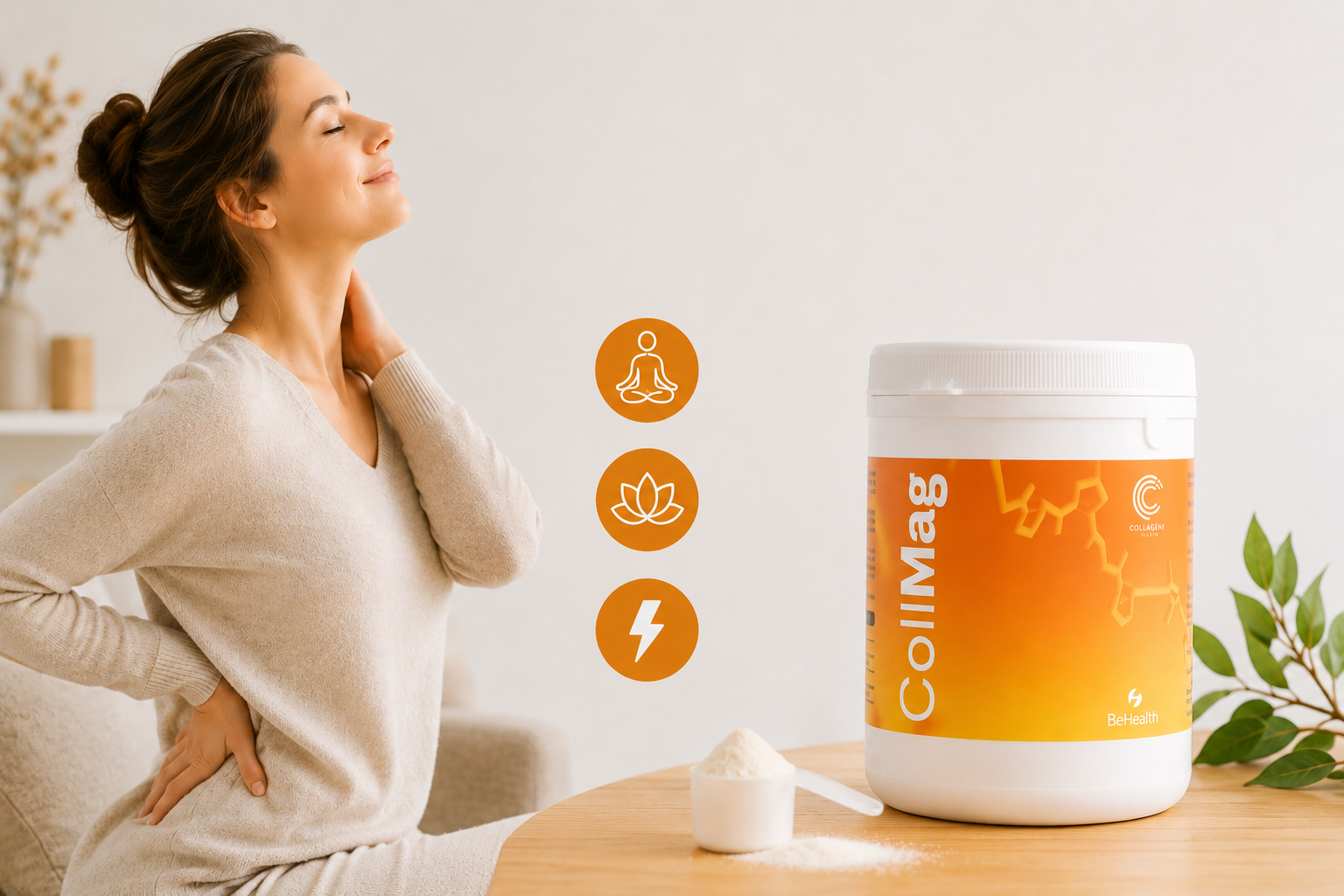 Femme détendue avec complément CollMag riche en magnésium biodisponible et collagène hydrolysé pour le soutien musculaire, nerveux et le bien-être quotidien.