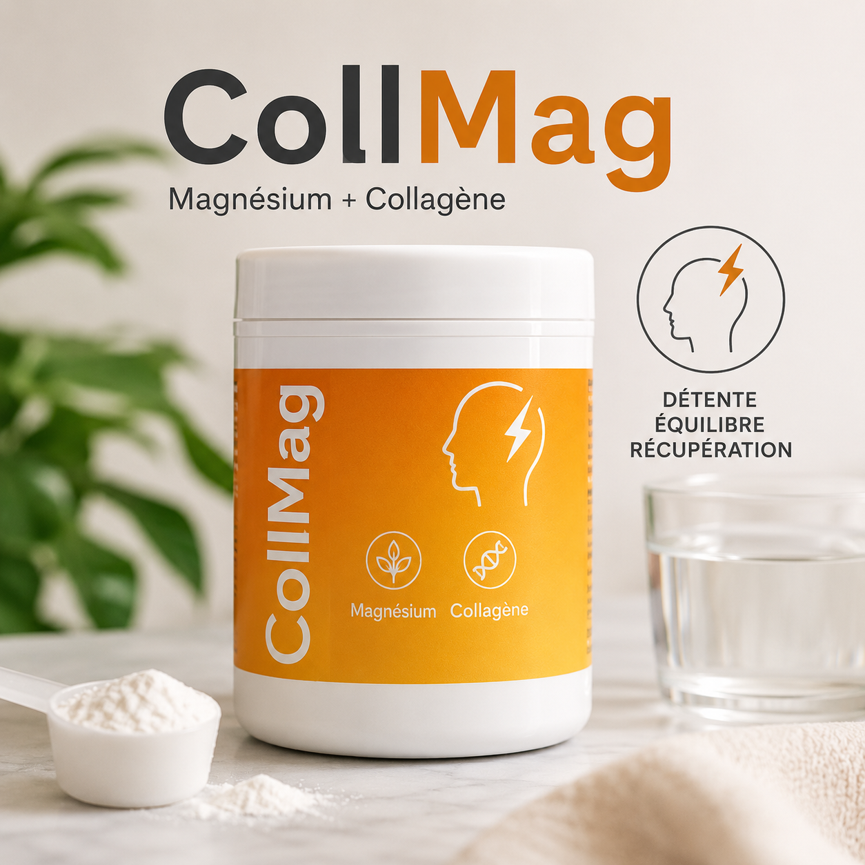 Magnésium et collagène CollMag pour le soutien du système nerveux, de la récupération musculaire et du bien-être quotidien. Produit bien-être présenté avec design moderne et ambiance relaxante.