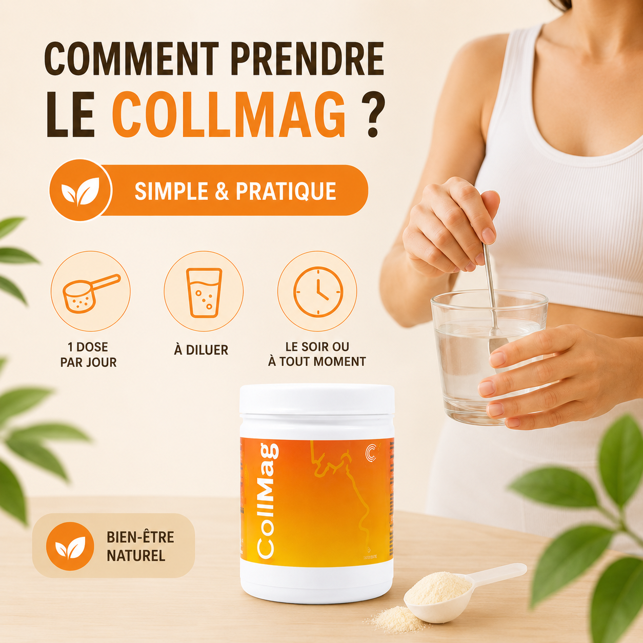 Illustration bien-être montrant comment prendre le magnésium COLLMAG : poudre de collagène et magnésium diluée dans un verre d’eau, avec conseils simples d’utilisation pour soutenir détente, fatigue et confort digestif naturellement.