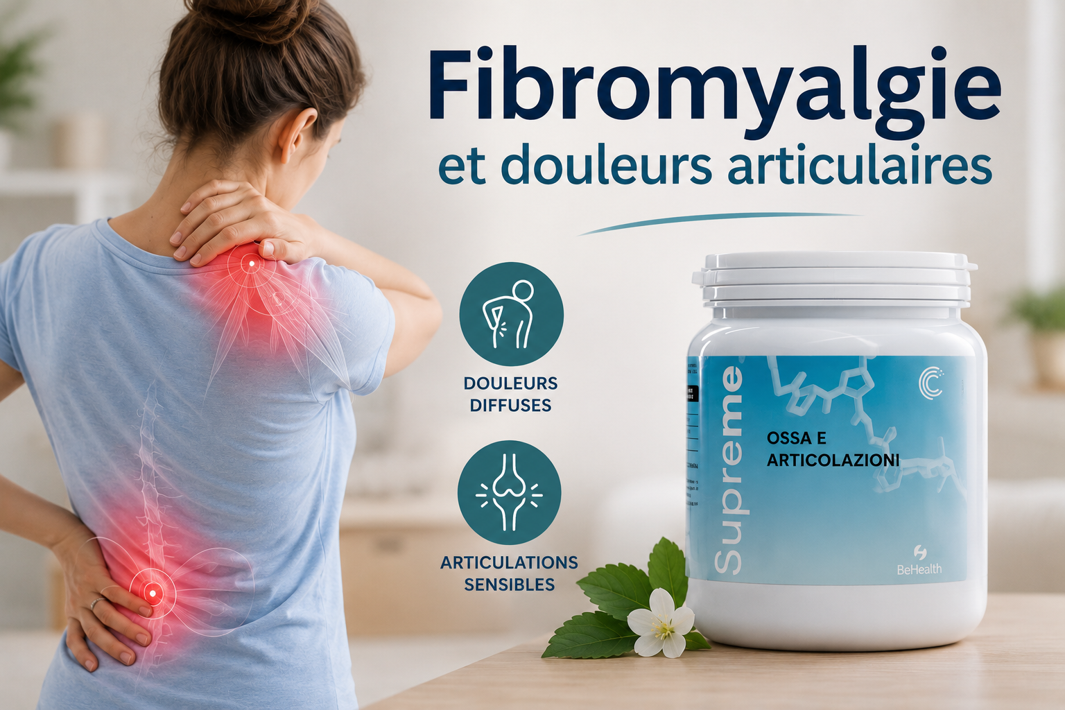 Femme souffrant de douleurs articulaires et musculaires liées à la fibromyalgie avec complément Supreme Ossa e Articolazioni pour le soutien des articulations et de la mobilité.