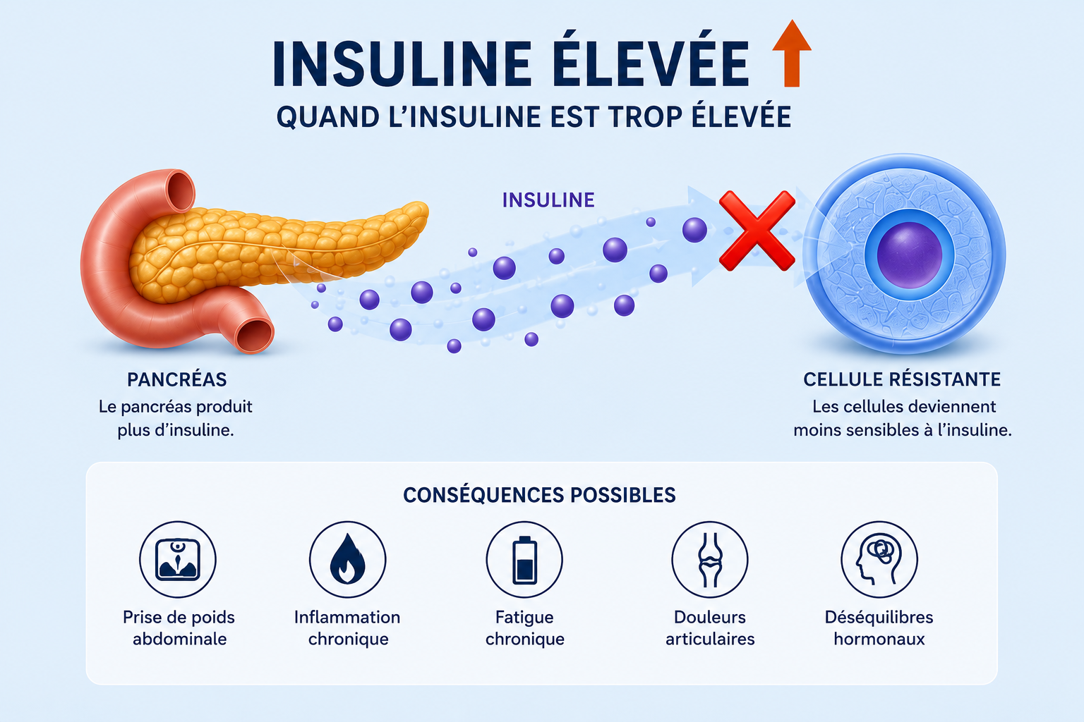 Schéma explicatif de l’hyperinsulinémie montrant une insuline élevée, la résistance à l’insuline, l’inflammation chronique, la prise de poids abdominale et le lien avec les douleurs articulaires et le métabolisme.