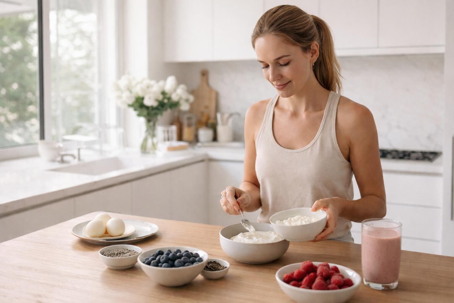 Femme préparant un petit-déjeuner avec yaourt, fruits rouges et céréales dans sa cuisine.