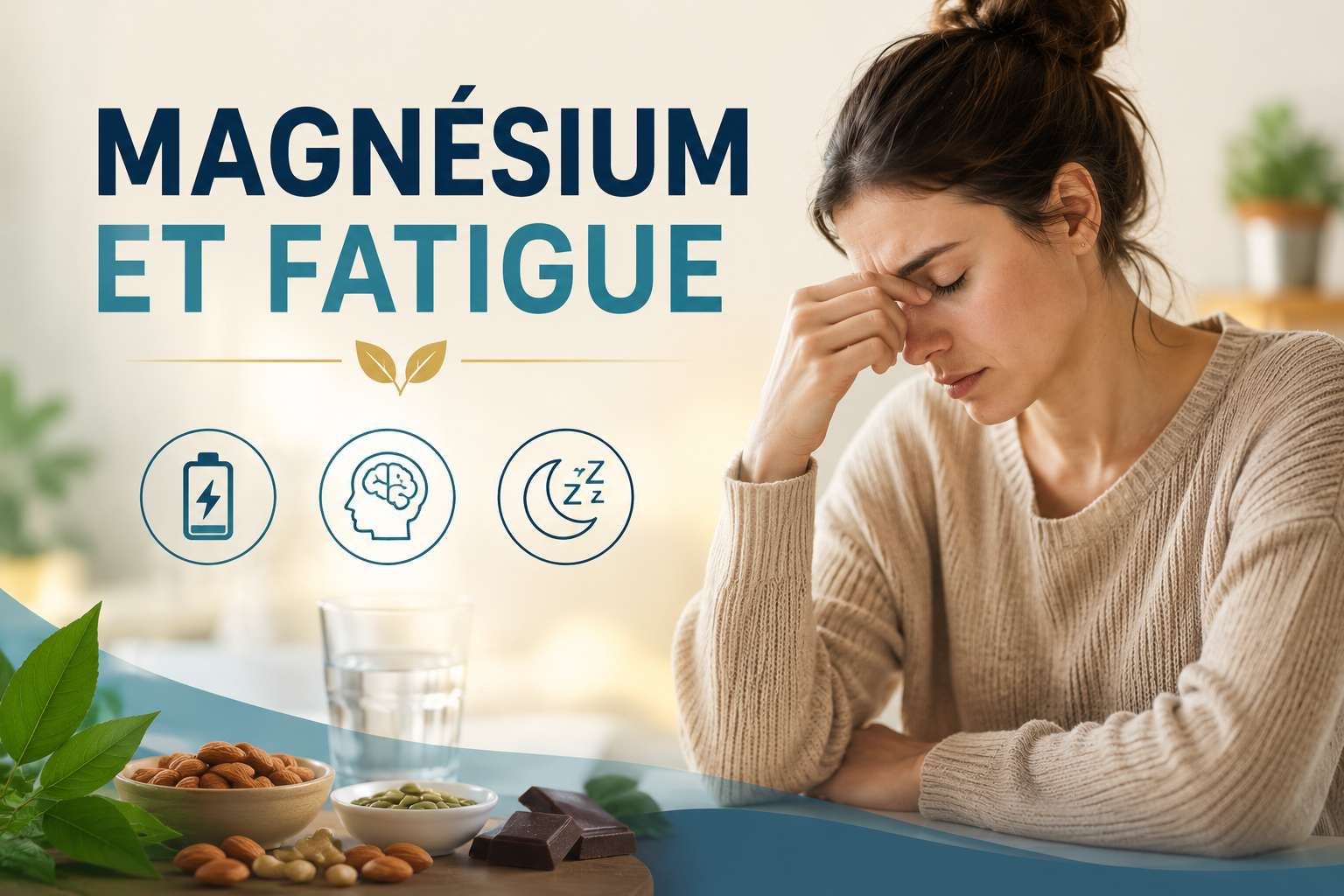Fatigue chronique et carence en magnésium : femme épuisée illustrant le lien entre manque de magnésium, stress, baisse d’énergie, troubles du sommeil et récupération musculaire. Illustration bien-être et santé naturelle.
