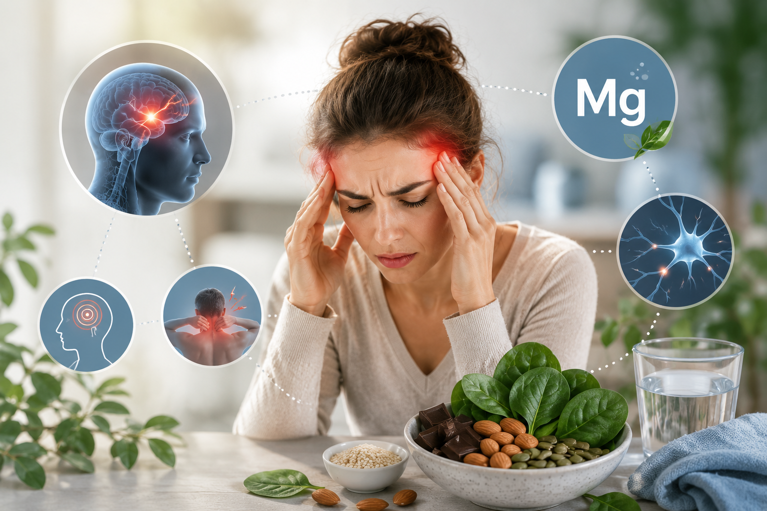Illustration santé d’une femme souffrant de migraine et tensions nerveuses, accompagnée d’éléments visuels liés au magnésium, au système nerveux et aux céphalées chroniques.