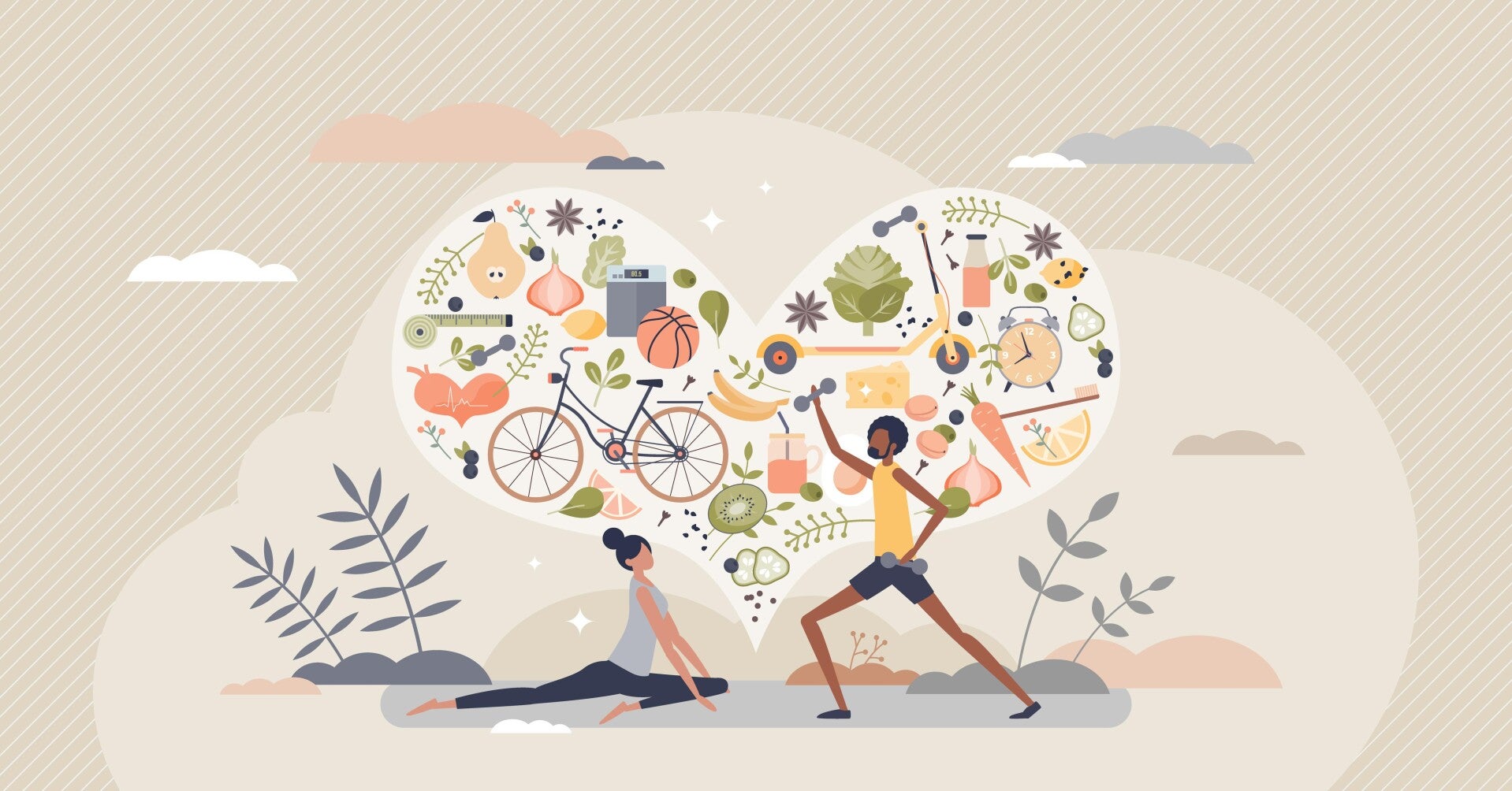 Illustration d’un mode de vie sain combinant alimentation, activité physique, sommeil et bien-être pour un protocole efficace