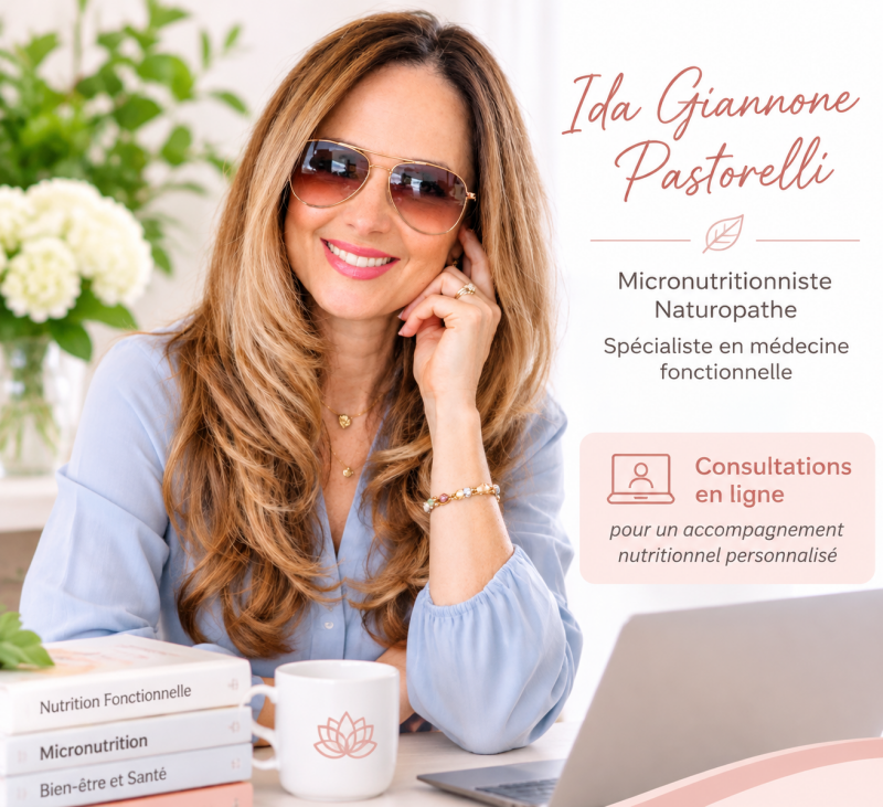 Portrait professionnel d'Ida Giannone Pastorelli, micronutritionniste et naturopathe, proposant des consultations nutritionnelles en ligne.