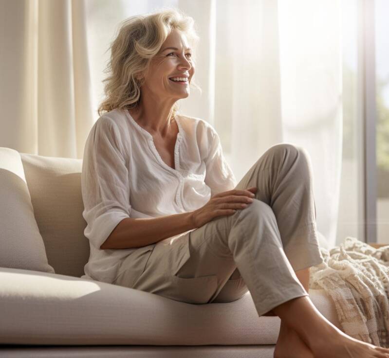 Femme mature aux cheveux gris, assise sur un canapé dans une pièce lumineuse.