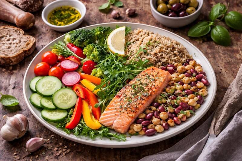 Assiette équilibrée avec saumon, légumes variés, céréales et légumineuses.