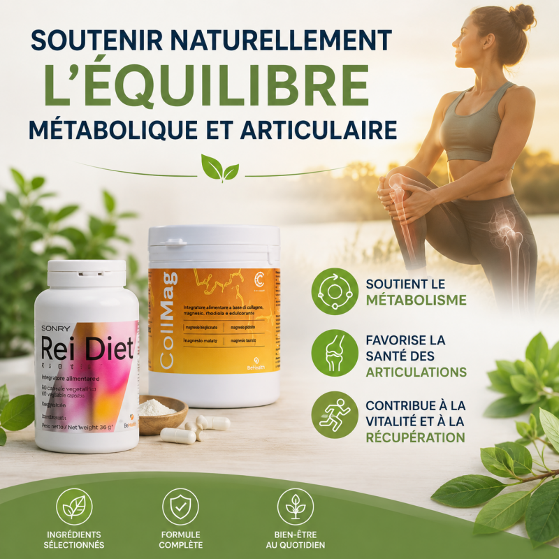 Rei Diet et CollMag pour soutenir naturellement l’équilibre métabolique, l’énergie et le confort articulaire. Illustration bien-être avec femme active, mobilité, récupération musculaire et soutien du métabolisme.
