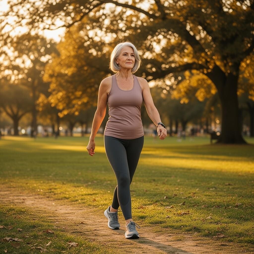 Femme mature pratiquant la marche en plein air dans un parc ensoleillé.