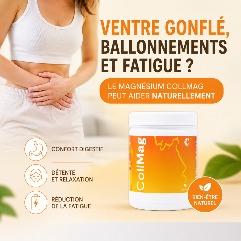 Illustration sur le ventre gonflé, les ballonnements et la fatigue montrant le magnésium COLLMAG associé au confort digestif, à la détente nerveuse et à la réduction de la fatigue grâce à un magnésium biodisponible et du collagène hydrolysé.
