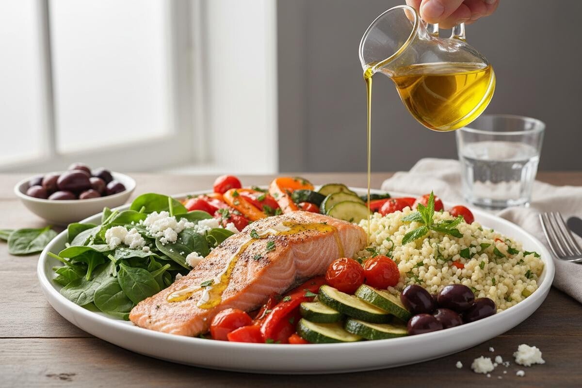 Assiette équilibrée avec saumon, légumes variés, céréales et huile d’olive.