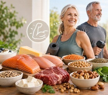 Couple senior sportif entouré d'aliments riches en protéines : saumon, œufs, viande, légumineuses et produits laitiers.