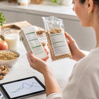 Femme comparant les étiquettes nutritionnelles de produits alimentaires dans une cuisine, avec un graphique de glycémie sur une tablette.