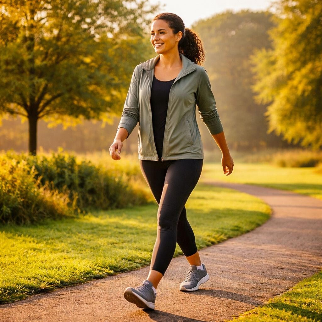 Femme en tenue de sport marchant dans un parc arboré à la lumière du soleil.