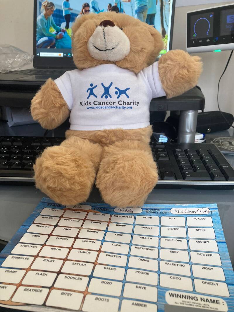name the bear card and bear wearing kids cancer charity t-shirt.