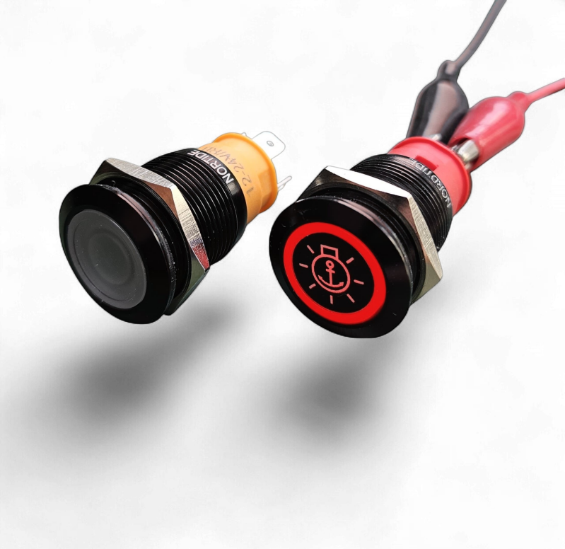 NorTide IP67 black push button switch with label symbol and 12V/24V Red LED backlight