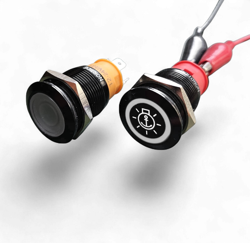 NorTide IP67 black push button switch with label symbol and 12V/24V White LED backlight
