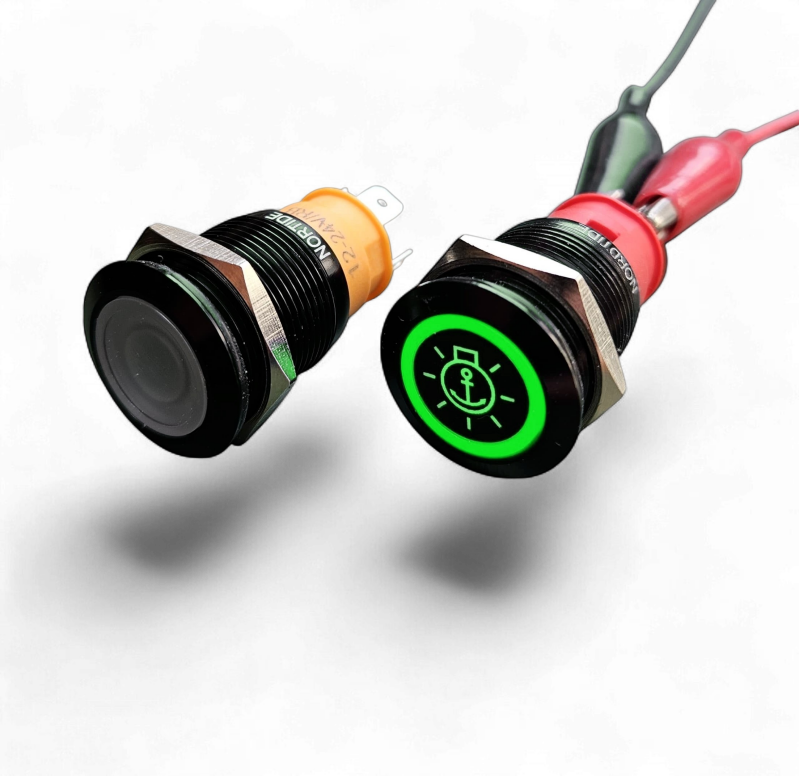 NorTide IP67 black push button switch with label symbol and 12V/24V green LED backlight