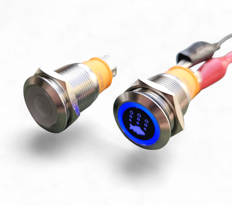 NorTide IP67 pushbutton switch with label symbol sticker | Blue LED backlight | Stainless steel