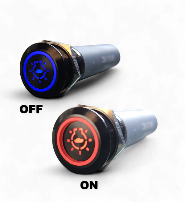 NorTide drukknop schakelaar met Blauwe en rode LED 12V / 24V RVS | gegraveerd symbool