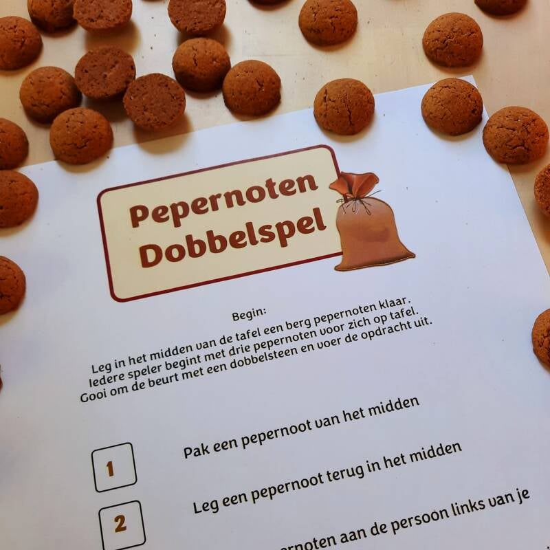 Pepernoten dobbelspel voor pakjesavond, of voor gebruik bij gastouder, in de klas of kinderopvanag