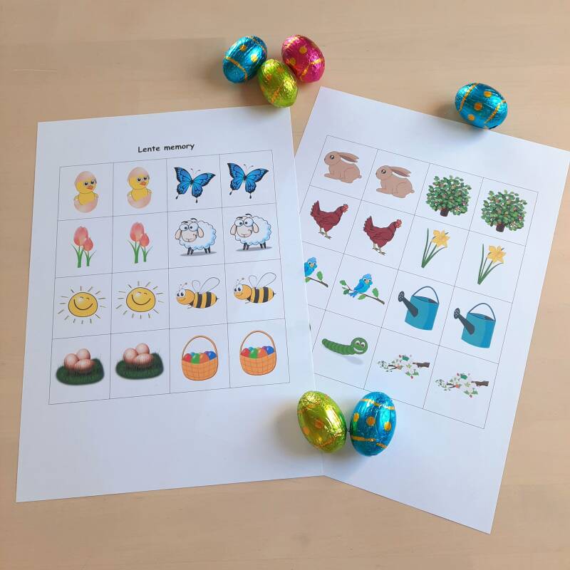 Lente memory. Een gratis printable voor gebruik in de kleuterklas of bij de gastouder. Ook leuk voor een lentefeestje!