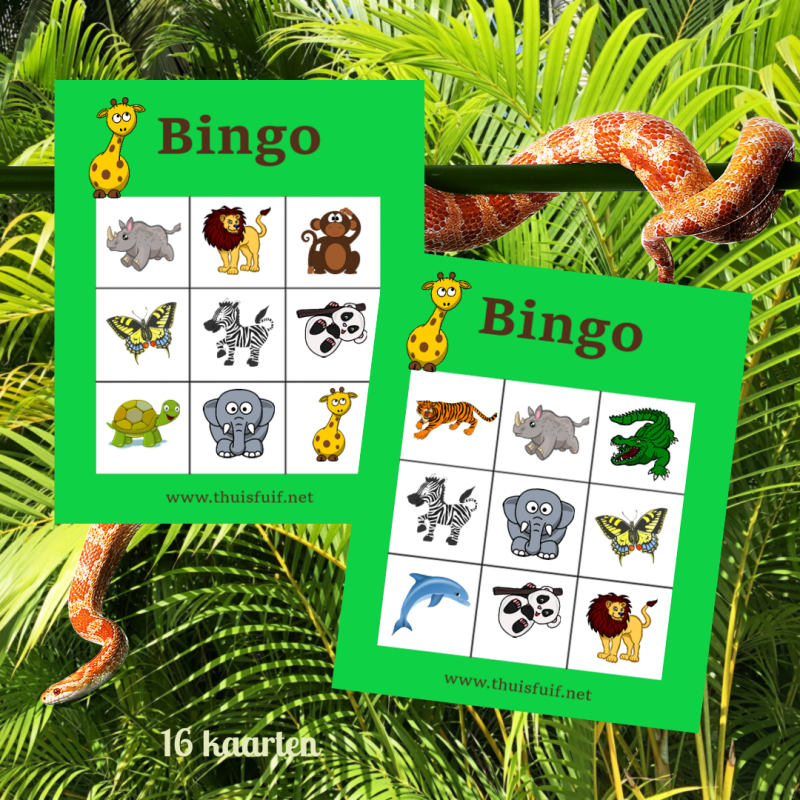 Dierenbingo. Een leuk spelletje voor een kinderfeestje zoals een dierenfeestje, junglefeestje of safarifeestje. Direct te printen.