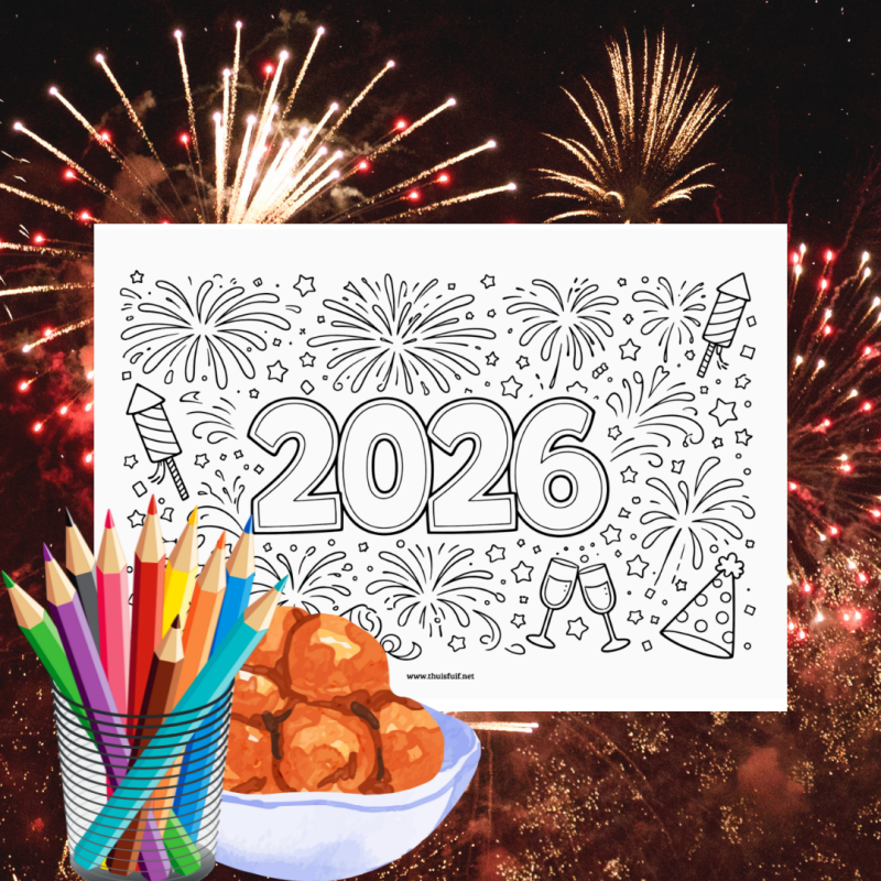 Kleurplaat 2026 voor kinderen. Leuk als creatieve activiteit in de kleuterklas of bij de kinderopvang.