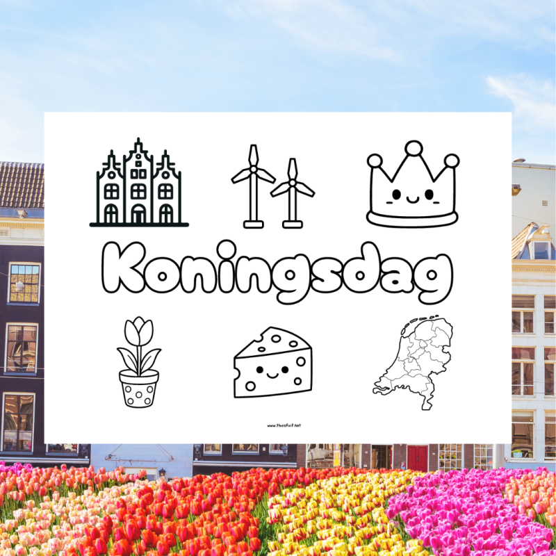 Kleurplaat Koningsdag. Ideaal voor in de (kleuter)klas of bij de kinderopvang tijdens het thema Koningsdag of de Koningsspelen.