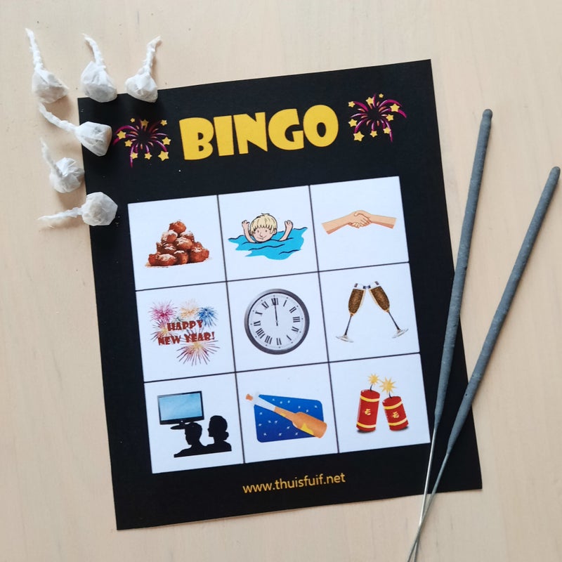 Nieuwjaarsbingo. Een bingospel voor oudejaarsavond of tijdens een nieuwjaarsborrel / nieuwjaarsreceptie. (Oudejaarsbingo, bingo voor Oud en Nieuw)