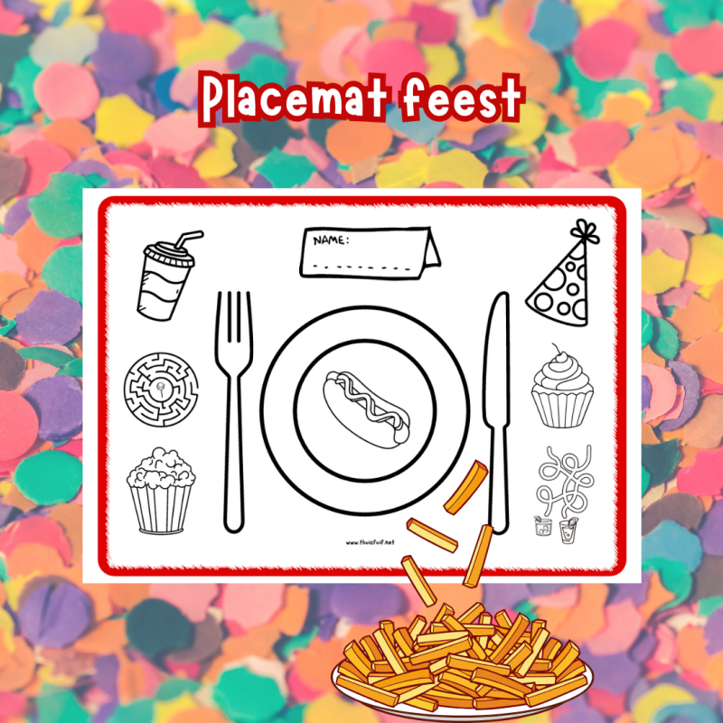 Placemat om in te kleuren en te puzzelen op een kinderverjaardag of kinderfeestje. Gratis printen.