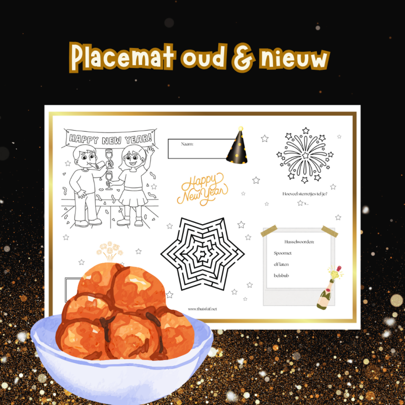 Placemat voor oudejaarsavond of nieuwjaarsdag. Leuk voor kinderen bij het borrelen of gourmetten.